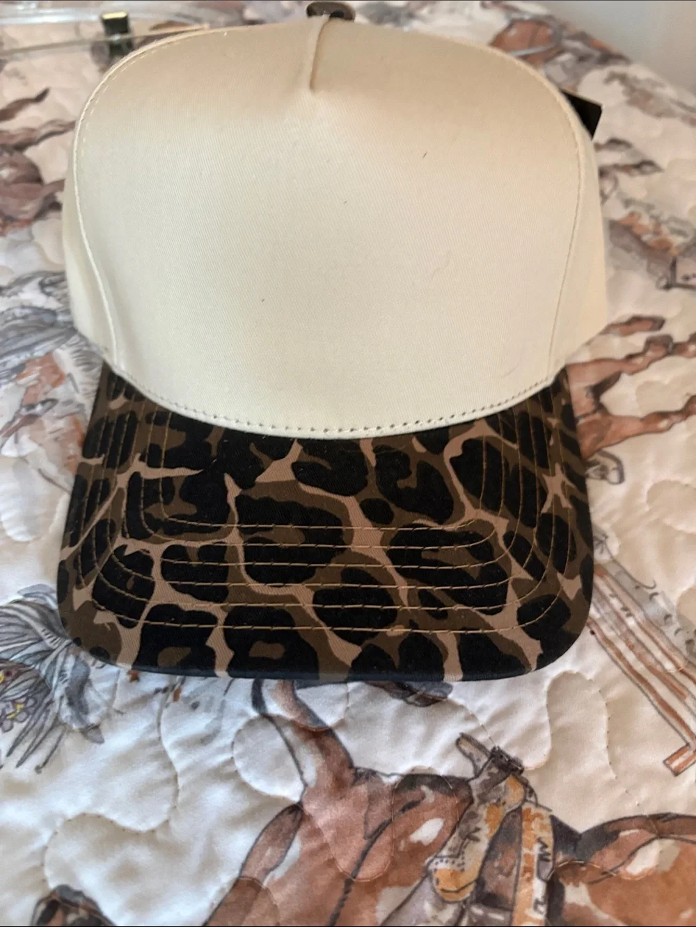 Cream Trucker Hat with Leopard-Print Brim